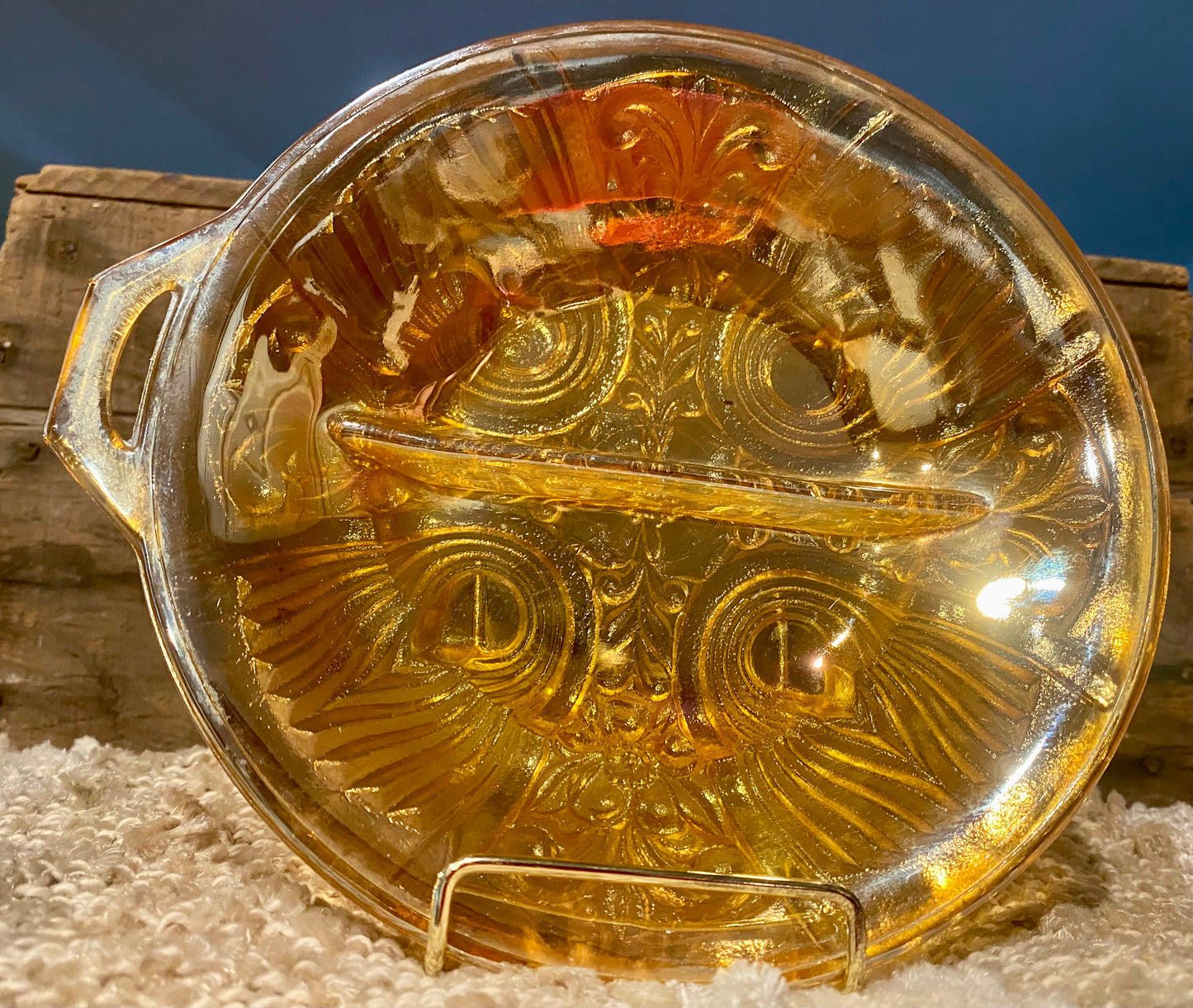 Vintage Marigold Carnival Glass split candy dish