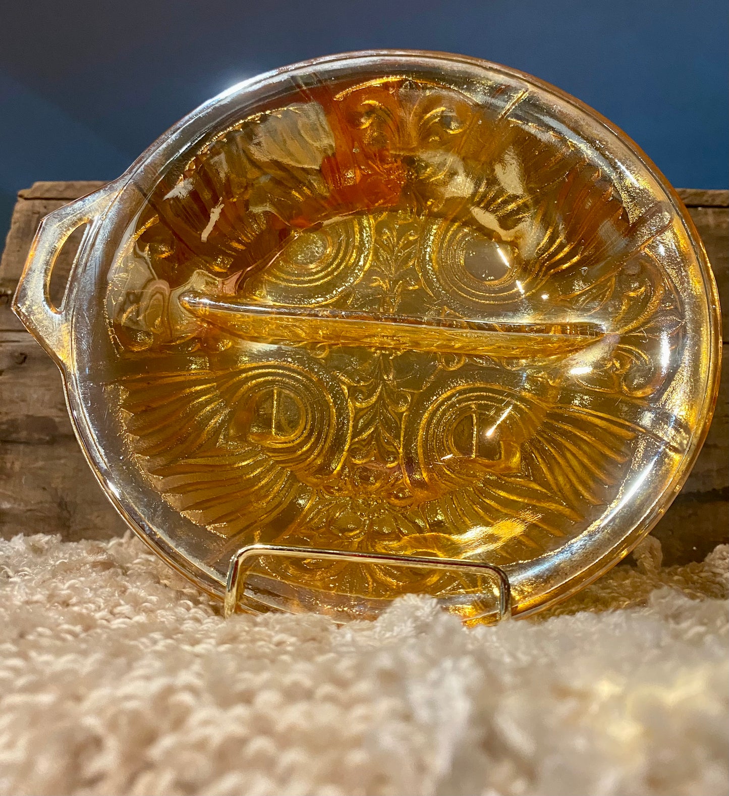 Vintage Marigold Carnival Glass split candy dish