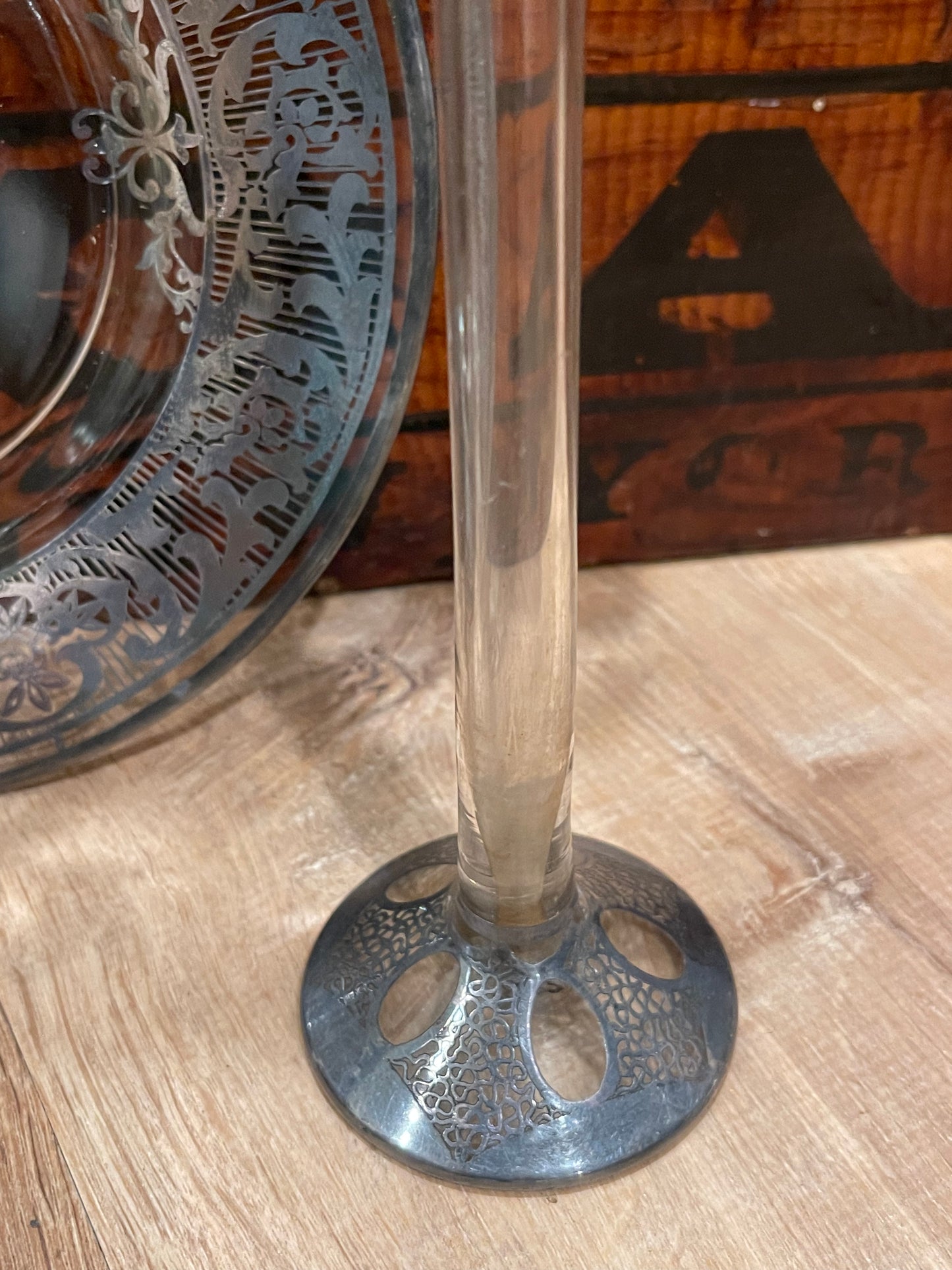 Unique and uncommon Antique bud Vase with Sterling Silver accented top and base