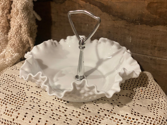 Fenton Milk Glass Hobnail Ruffled Candy Dish with Handle