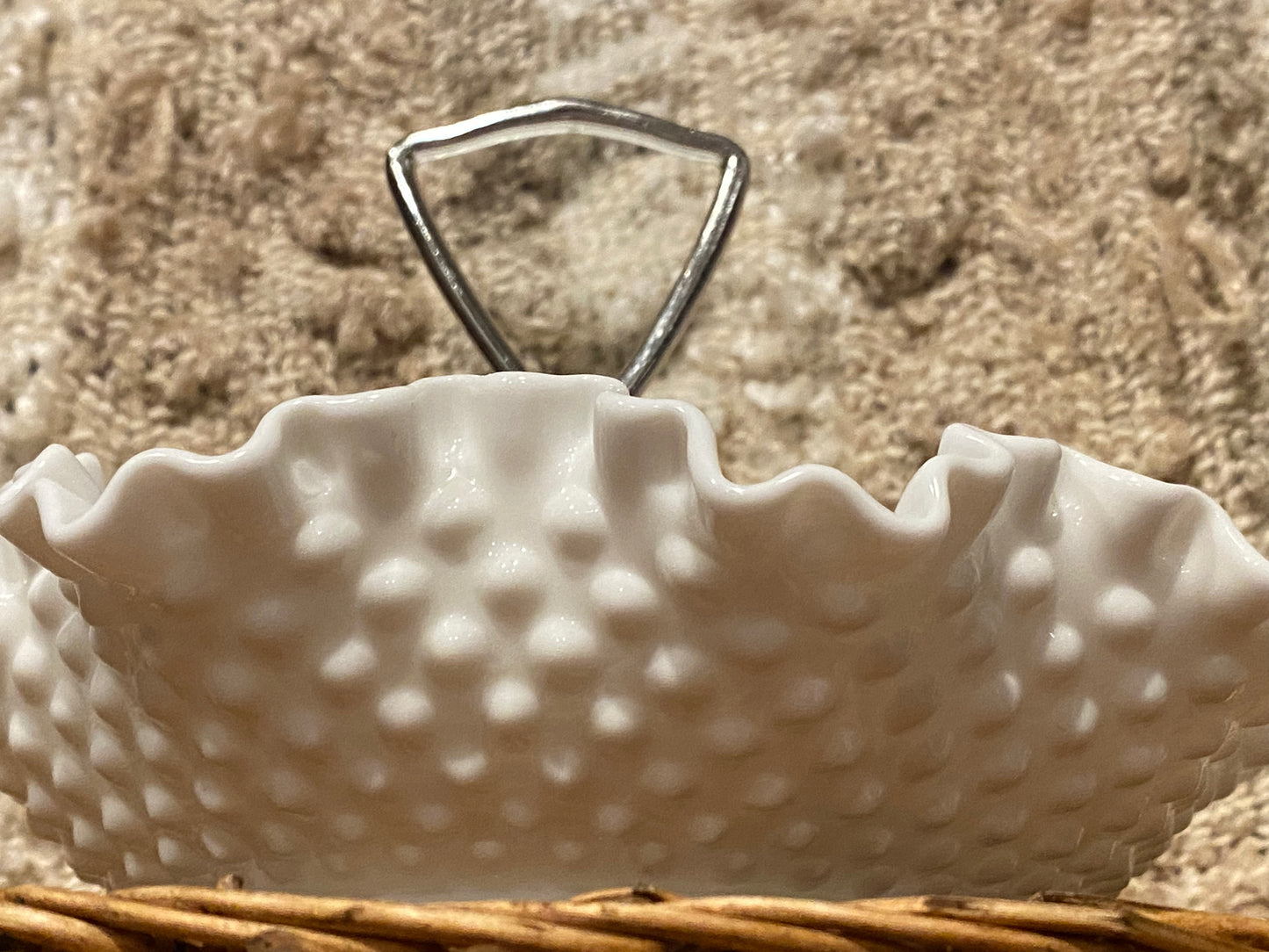 Fenton Milk Glass Hobnail Ruffled Candy Dish with Handle